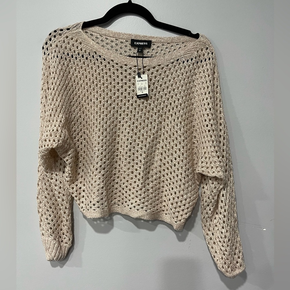 Express Womens Sheer Mesh Long Sleeve Cropped Blouse Top Cream Ivory NWT Size XS